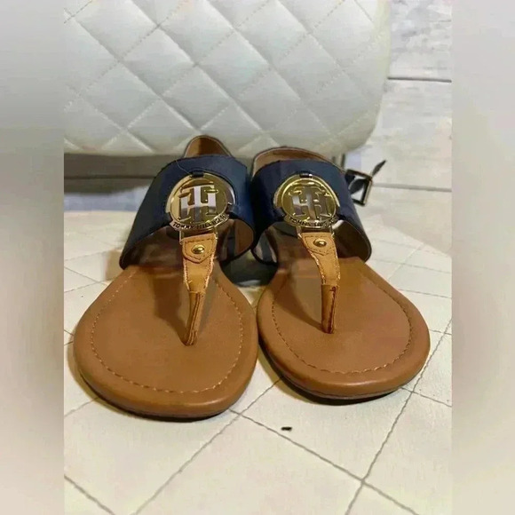 Tommy Hilfiger Leather Gold Logo Navy  Nautical Wedge Heel  Sandal - Picture 4 of 8
